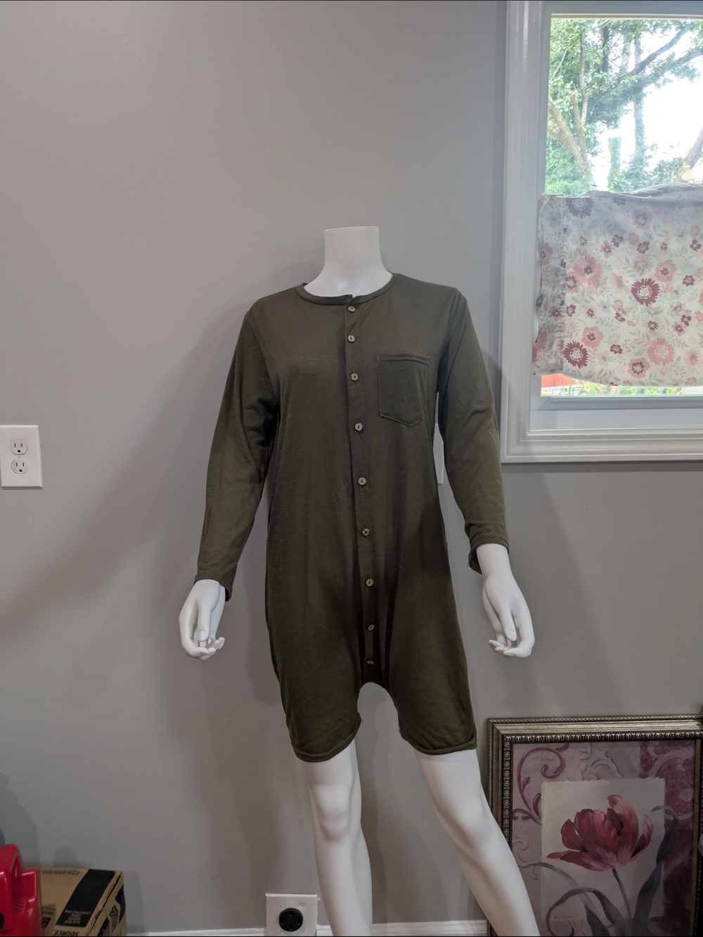 Olive Green Button-Front Romper